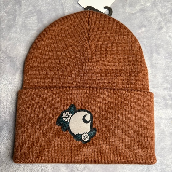 Carhartt Women’s Floral Patch Beanie Cuffed Sable Red Winter Cap Hat Knit - Picture 4 of 4